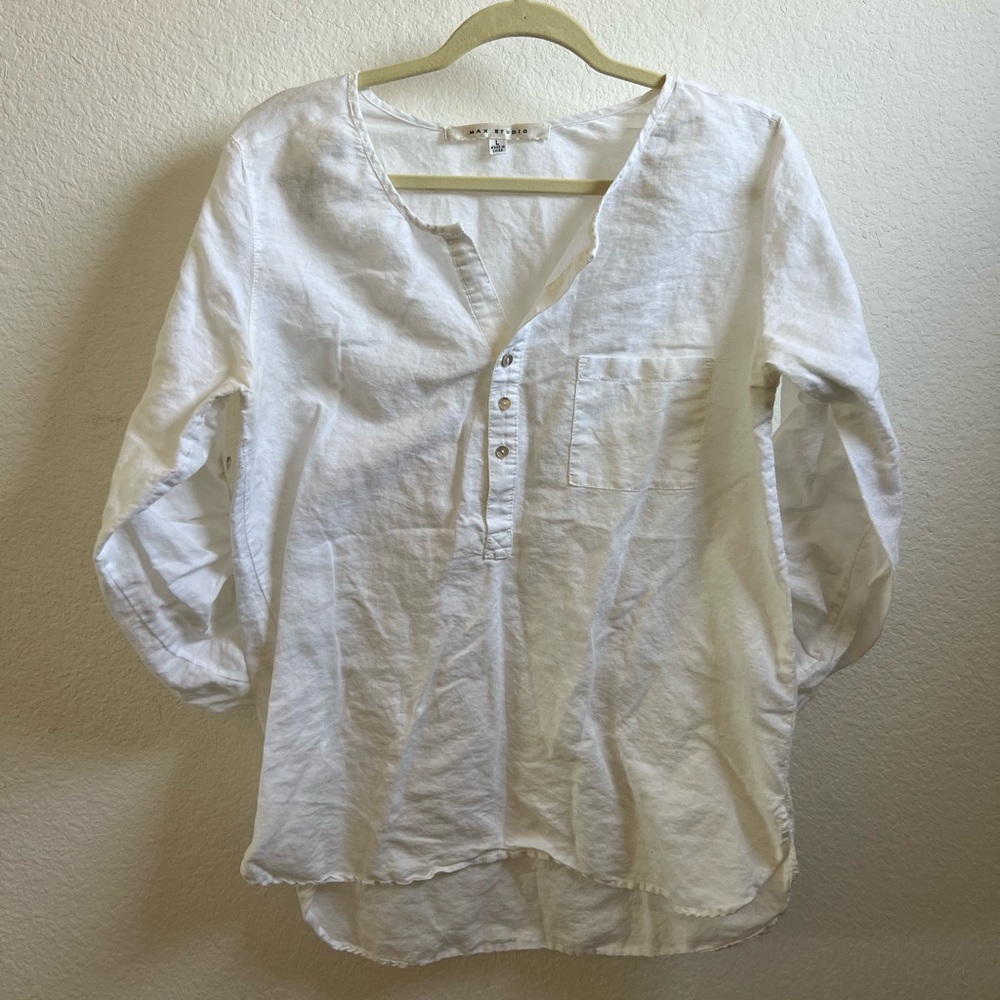 Max Studio White Linen Henley Pocket Blouse